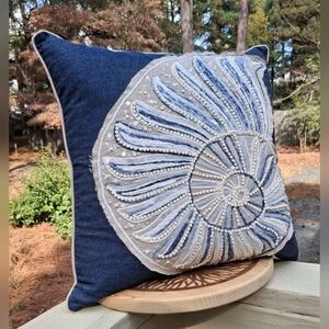 Celerie Kemble Blue Denim Spirl Sequined Beaded Sea Shell Ocean Beach Pillow